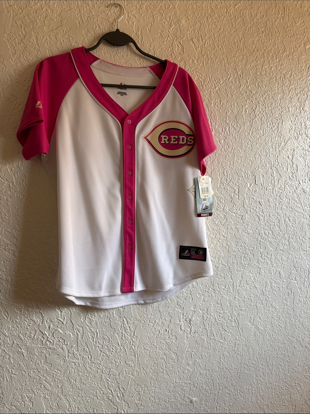 Majestic White and Hot Pink Cincinnati Reds Woman’s Baseball Jersey